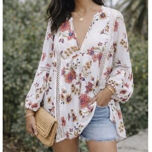 FP1 Free People Just the Two of Us cream floral tunic dress Small Boho Womens Fa